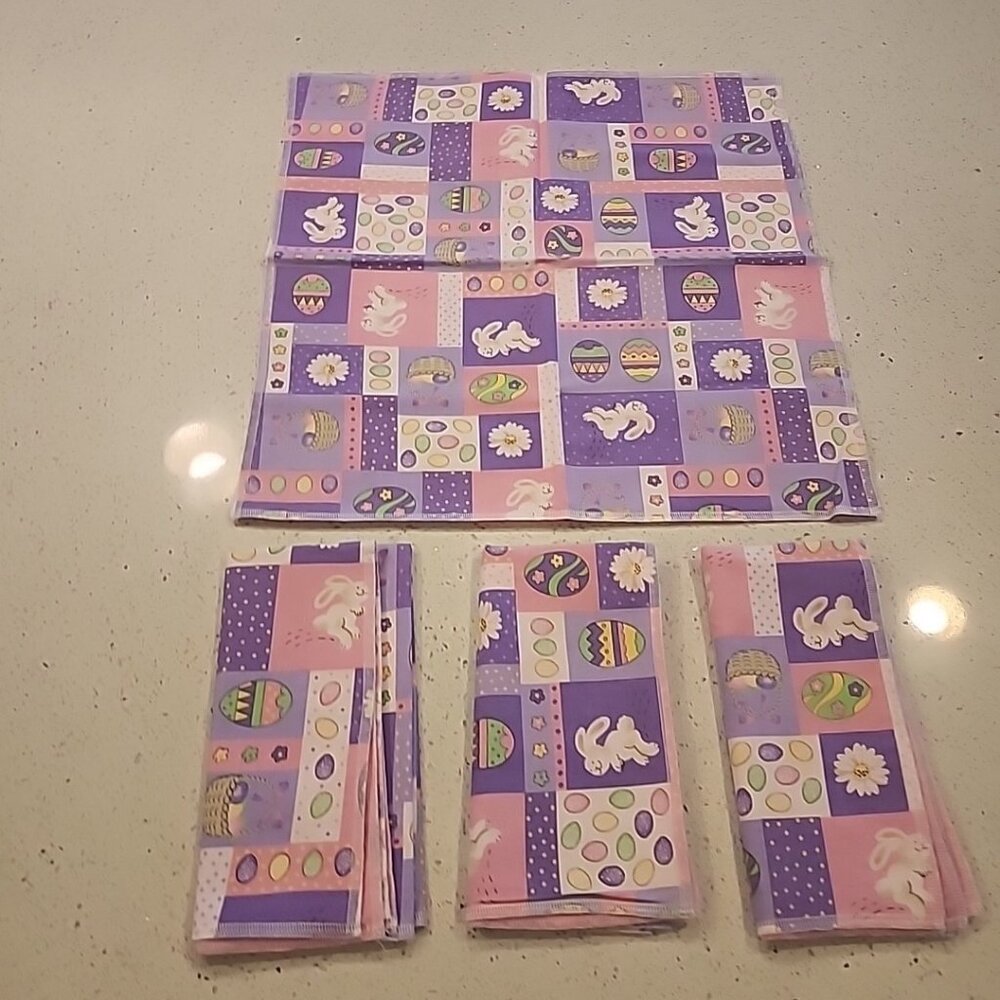 Vintage Easter Patchwork Cloth Napkins Set Of 4 15x15"purple Pink Bunny Basket